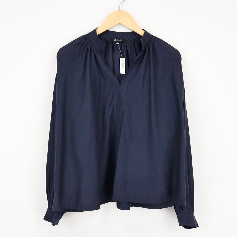 NWT Madewell Shirred Long-Sleeve Flowy V-Neck Top Ink Navy Blue Size Small - Picture 3 of 10